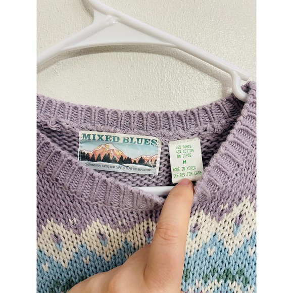 Vintage 90s Mixed Blues Pastel Fair Isle Floral Sweater Cottagecore Grandma M - Picture 4 of 4